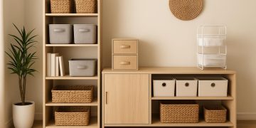 Modern closet with organized shelves, storage bins, and labeled boxes for maximizing space