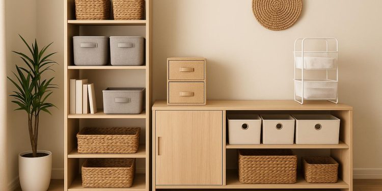 Modern closet with organized shelves, storage bins, and labeled boxes for maximizing space