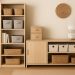Modern closet with organized shelves, storage bins, and labeled boxes for maximizing space