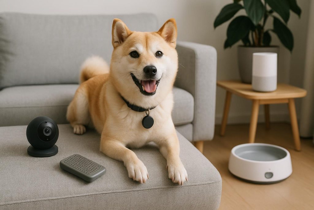 Small dog wearing a smart collar and sitting comfortably in a modern condo living room