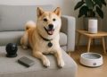 Small dog wearing a smart collar and sitting comfortably in a modern condo living room