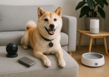 Small dog wearing a smart collar and sitting comfortably in a modern condo living room