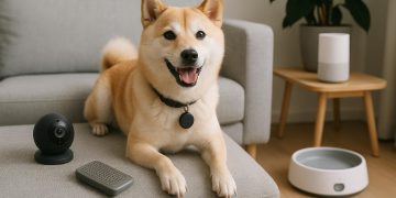 Small dog wearing a smart collar and sitting comfortably in a modern condo living room
