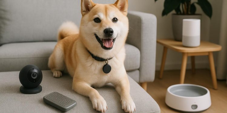 Small dog wearing a smart collar and sitting comfortably in a modern condo living room