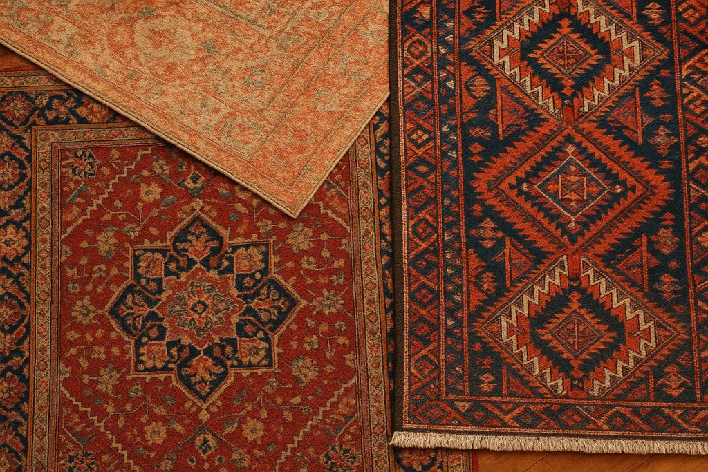 Colorful Persian, vintage, and tribal rugs displayed in a Melbourne home interior setting