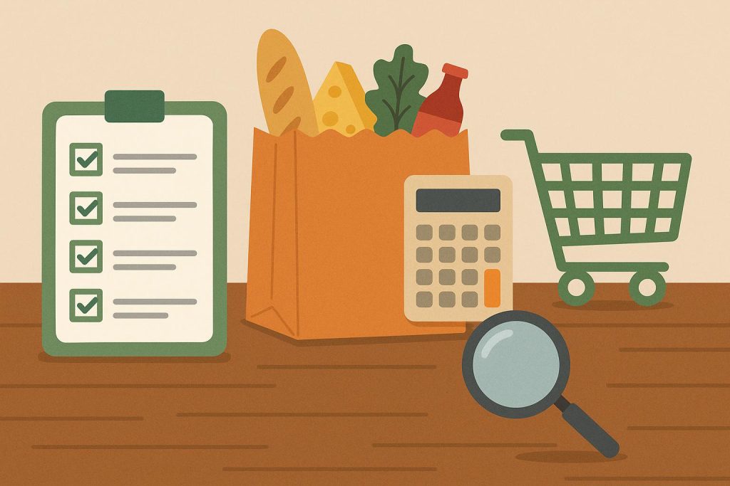 Shopping cart filled with fresh produce and groceries in supermarket aisle for smart shopping tips