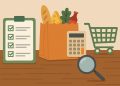 Shopping cart filled with fresh produce and groceries in supermarket aisle for smart shopping tips