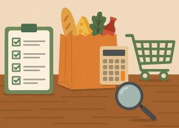 Shopping cart filled with fresh produce and groceries in supermarket aisle for smart shopping tips