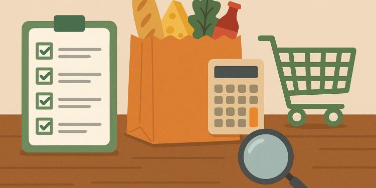 Shopping cart filled with fresh produce and groceries in supermarket aisle for smart shopping tips