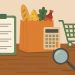 Shopping cart filled with fresh produce and groceries in supermarket aisle for smart shopping tips