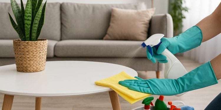 Professional cleaner using eco-friendly products for detailed house cleaning in a Sydney home