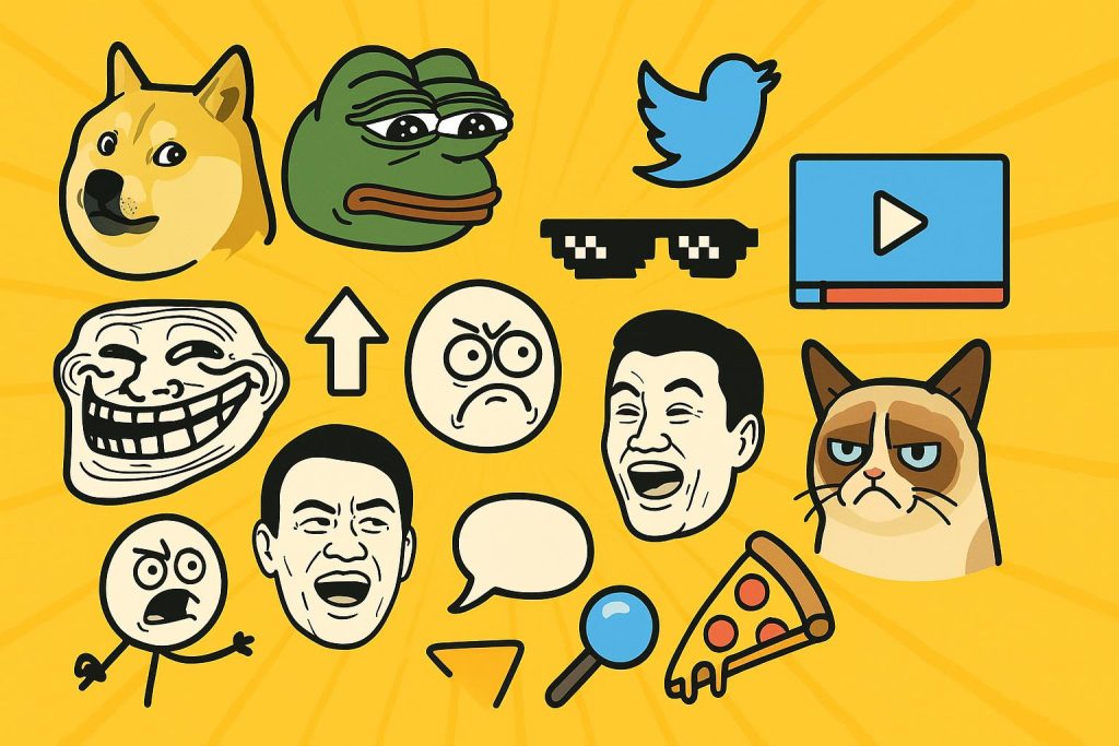 Colorful collage of popular internet memes representing online meme culture and viral trends