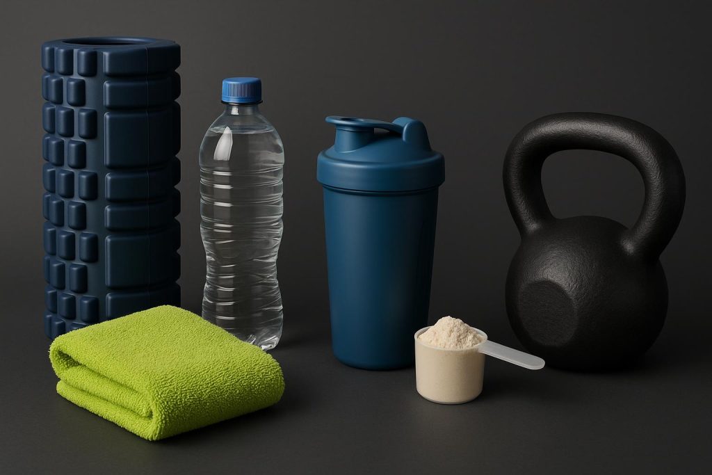 Fitness gear, water bottle, towel, and healthy snacks arranged for post-workout recovery tips