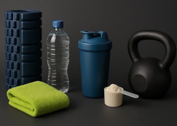 Fitness gear, water bottle, towel, and healthy snacks arranged for post-workout recovery tips