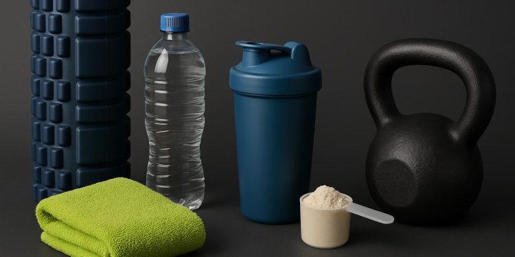 Fitness gear, water bottle, towel, and healthy snacks arranged for post-workout recovery tips
