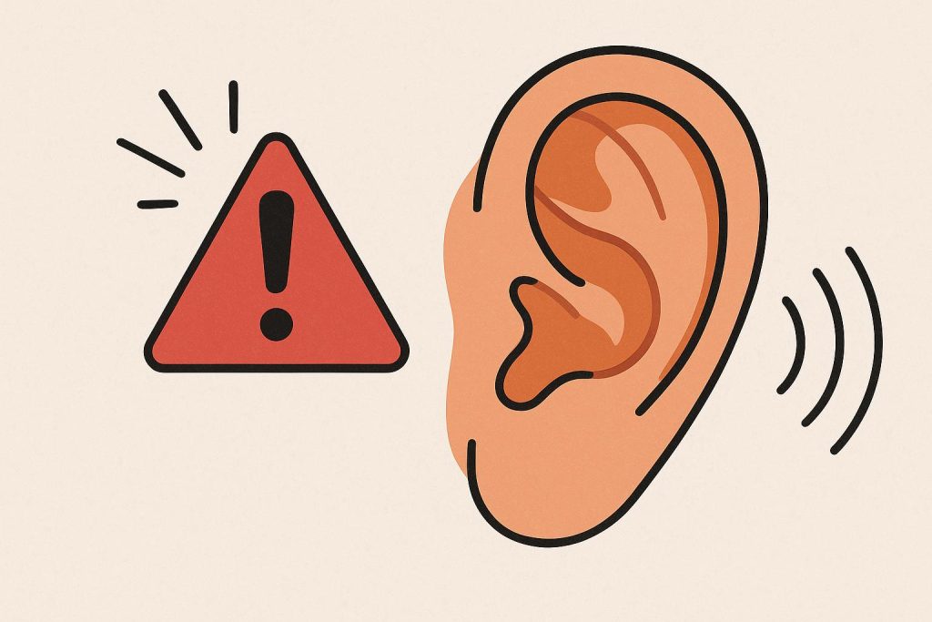Close-up of an ear with warning icons highlighting potential hearing health issues