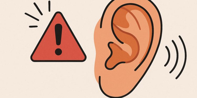 Close-up of an ear with warning icons highlighting potential hearing health issues