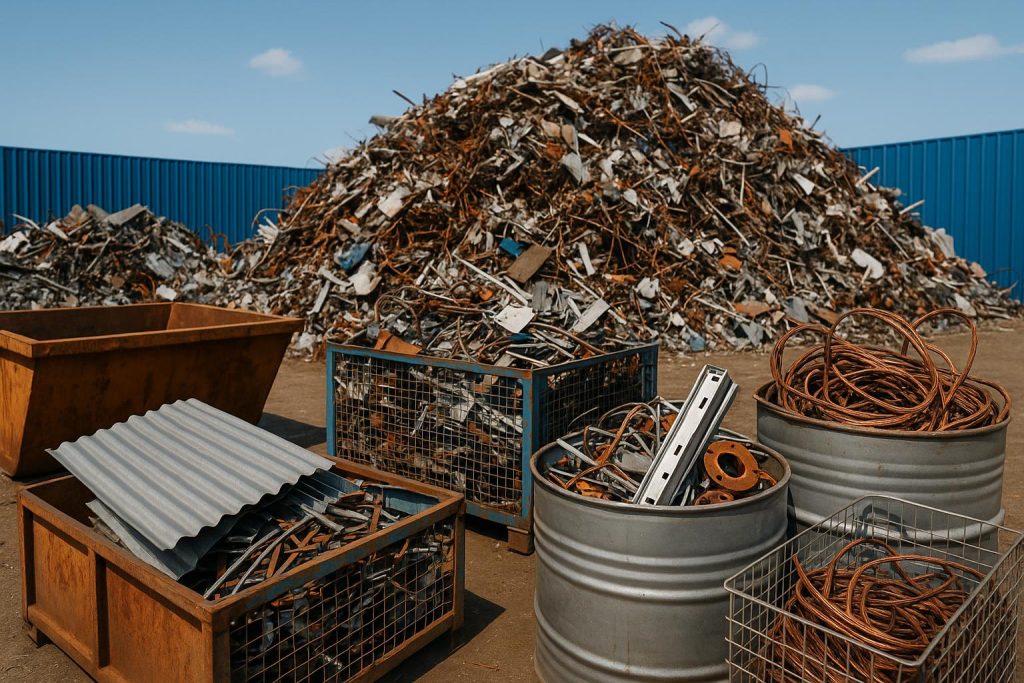 Piles of sorted scrap metal ready for recycling at a Melbourne recycling facility