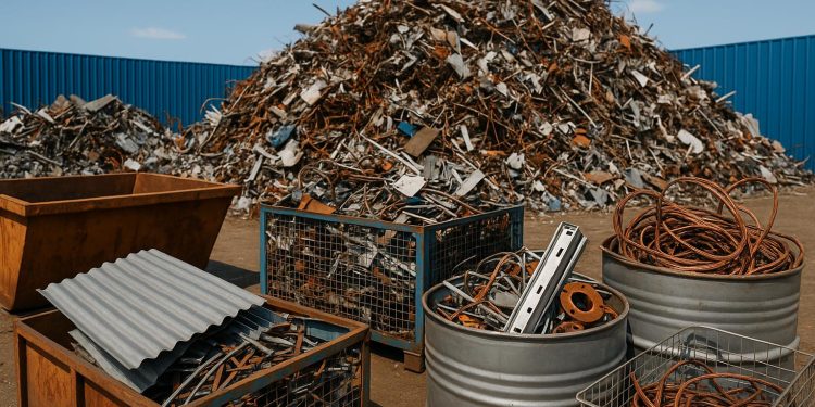 Piles of sorted scrap metal ready for recycling at a Melbourne recycling facility