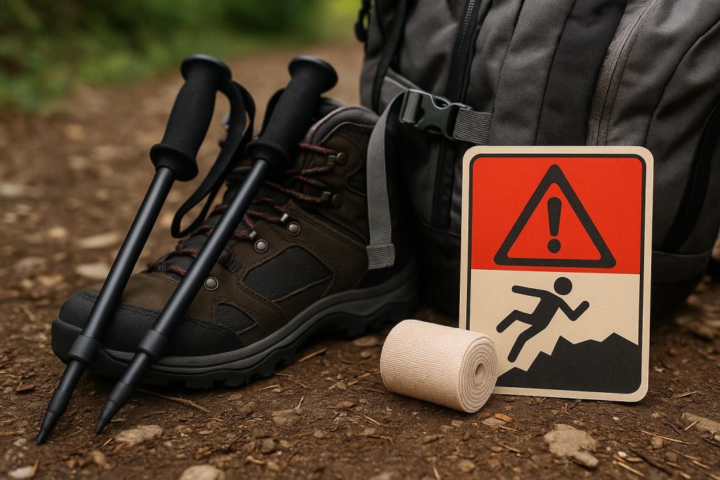 Hiker on forest trail using trekking poles, demonstrating safe hiking techniques to prevent injuries