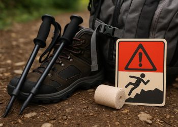 Hiker on forest trail using trekking poles, demonstrating safe hiking techniques to prevent injuries