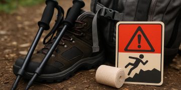 Hiker on forest trail using trekking poles, demonstrating safe hiking techniques to prevent injuries