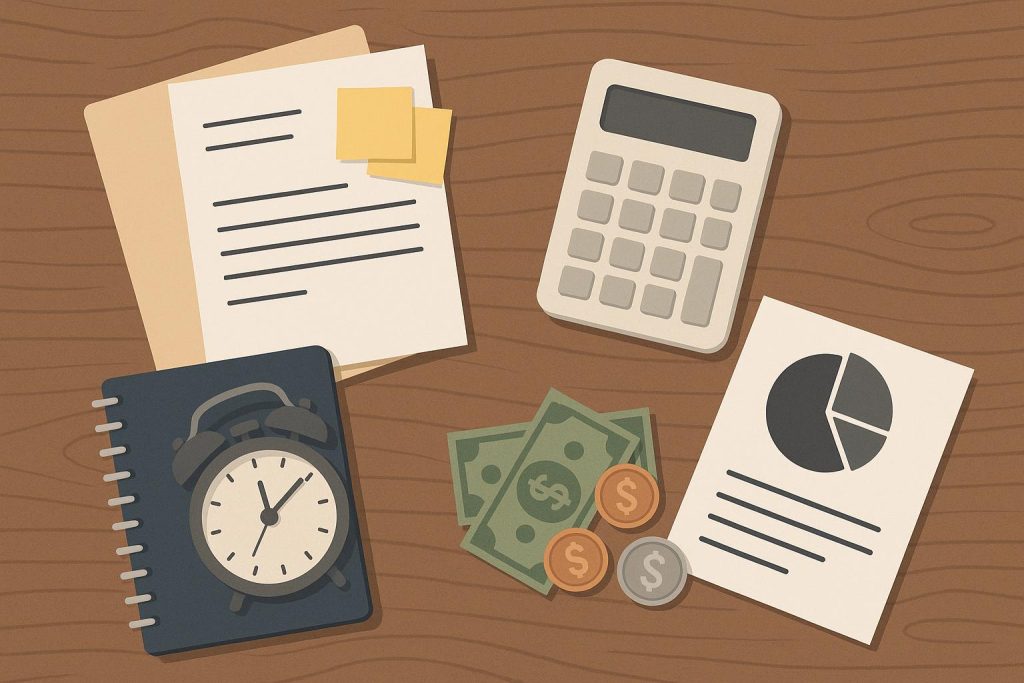 Accounting reports and budgeting documents on a desk representing small business financial planning