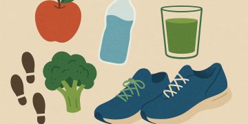 Fresh fruits, vegetables, water bottle, and sneakers representing simple healthy living habits