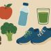 Fresh fruits, vegetables, water bottle, and sneakers representing simple healthy living habits
