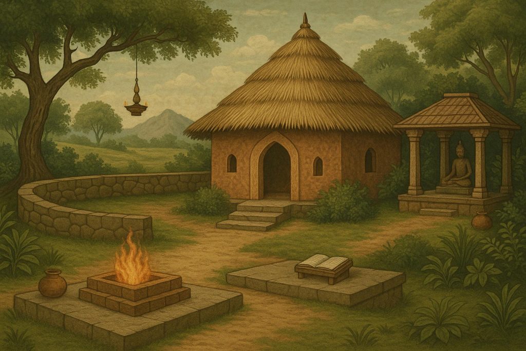 Serene ashram surrounded by nature, symbolizing spiritual retreat and disciplined practice