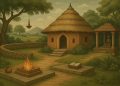 Serene ashram surrounded by nature, symbolizing spiritual retreat and disciplined practice