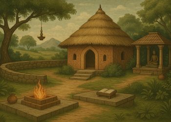 Serene ashram surrounded by nature, symbolizing spiritual retreat and disciplined practice