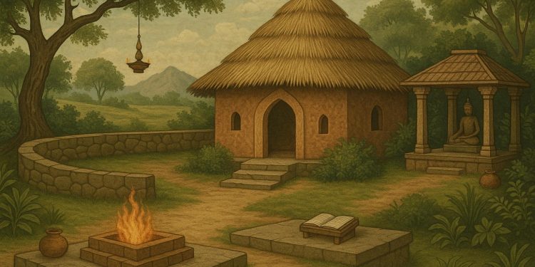 Serene ashram surrounded by nature, symbolizing spiritual retreat and disciplined practice