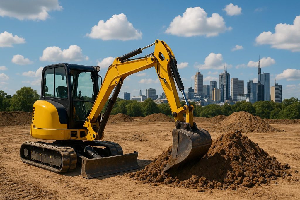 Mini excavators at a construction site, showcasing equipment available in Australia’s hire market