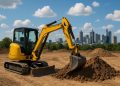 Mini excavators at a construction site, showcasing equipment available in Australia’s hire market