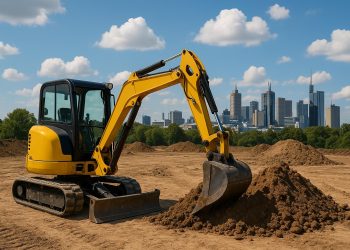 Mini excavators at a construction site, showcasing equipment available in Australia’s hire market