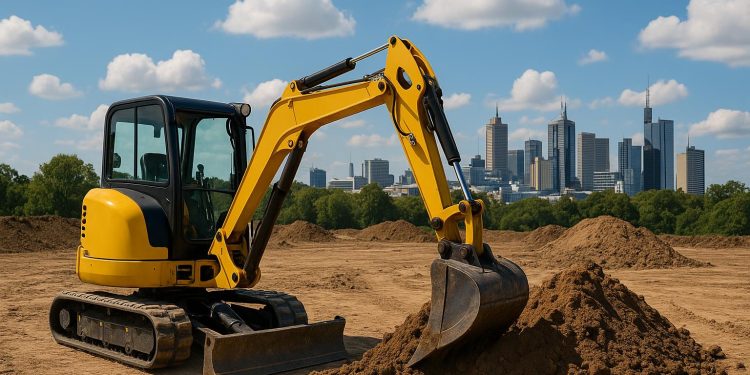 Mini excavators at a construction site, showcasing equipment available in Australia’s hire market