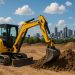 Mini excavators at a construction site, showcasing equipment available in Australia’s hire market