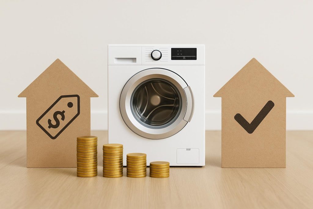 Modern washing machine in a compact apartment laundry area, illustrating rental appliance options