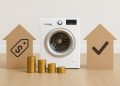 Modern washing machine in a compact apartment laundry area, illustrating rental appliance options