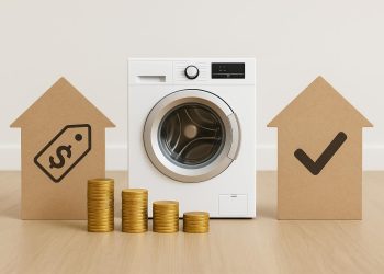 Modern washing machine in a compact apartment laundry area, illustrating rental appliance options