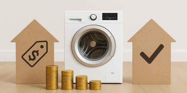 Modern washing machine in a compact apartment laundry area, illustrating rental appliance options