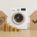 Modern washing machine in a compact apartment laundry area, illustrating rental appliance options