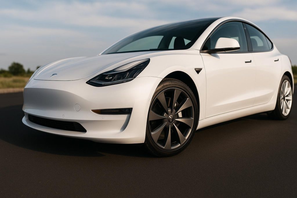Tesla Model 3 with different wheel types highlighting impact on electric vehicle driving range