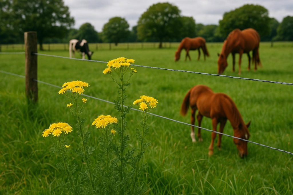 Yellow ragwort plants growing in a green grazing paddock, showing weed management challenge