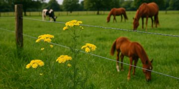 Yellow ragwort plants growing in a green grazing paddock, showing weed management challenge