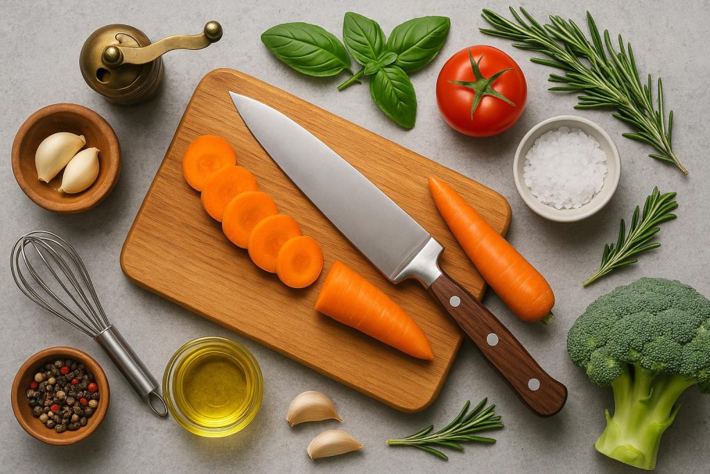 Fresh ingredients and kitchen utensils arranged for learning essential cooking techniques