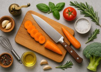 Fresh ingredients and kitchen utensils arranged for learning essential cooking techniques