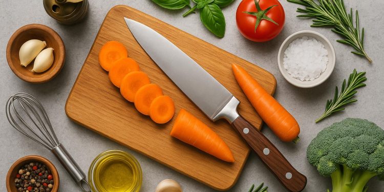 Fresh ingredients and kitchen utensils arranged for learning essential cooking techniques