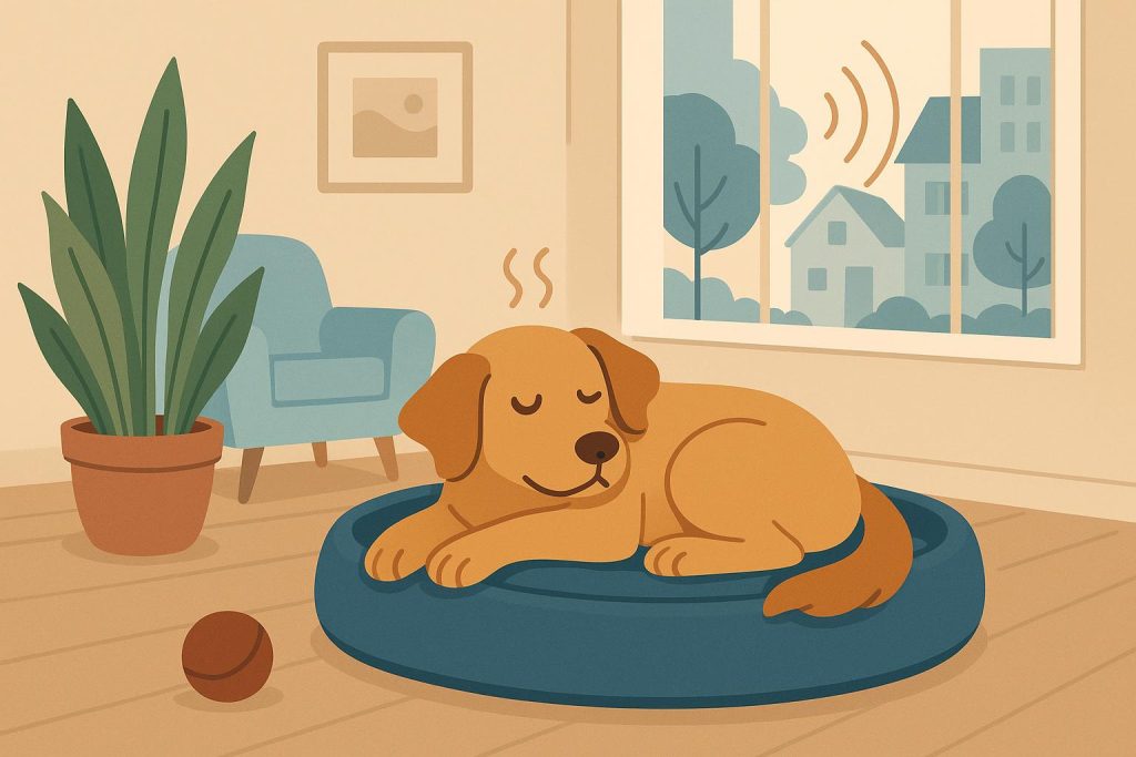 Calm dog resting peacefully on a sofa to illustrate pet relaxation and stress prevention